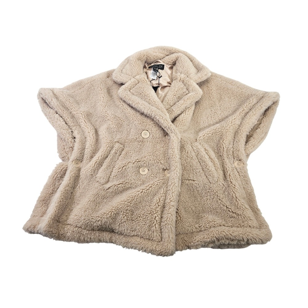 Rachel Zoe Faux Fur Cape Womens OS Beige Solid Double Breasted Teddy Wrap NEW